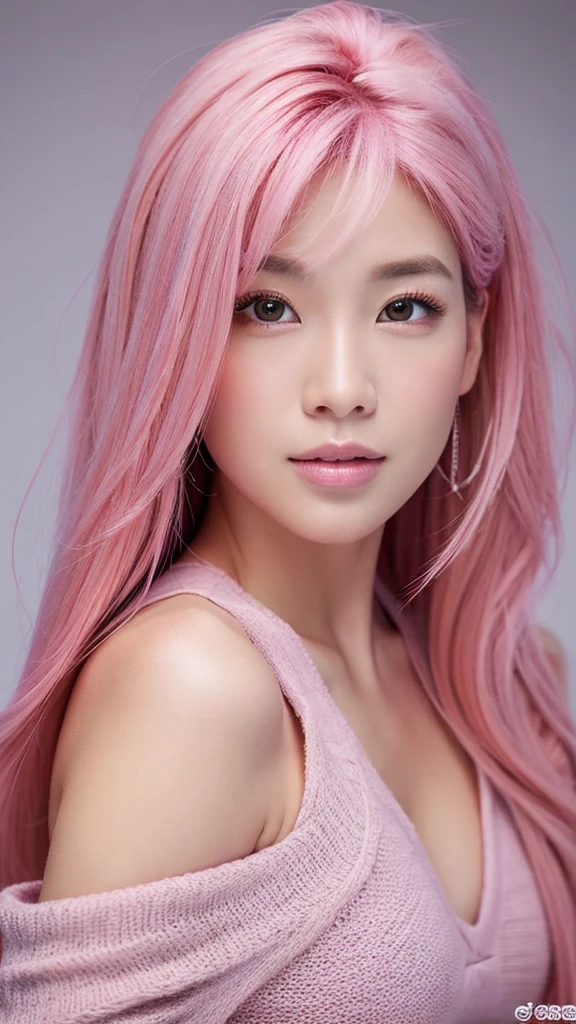 Beautiful , portrait, pretty face, pink hair, asian, attractive, realistic , realism