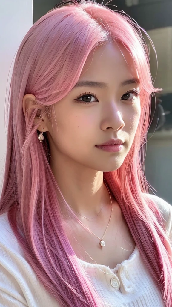 Beautiful , portrait, pretty face, pink hair, asian, attractive, realistic , realism