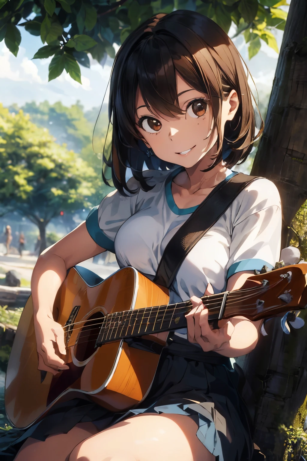 high resolution,a beautiful young woman, (Smooth Saturation:1.3),(De pele clara:1.2), (hyper detailed background),bokeh dof, break,smile so sweetly,,medium breasts, forst, Cool climate (adolescent:1.3), dynamic poses, Sitting on top of a tree, Playing guitar, short brown hair, clear clothing