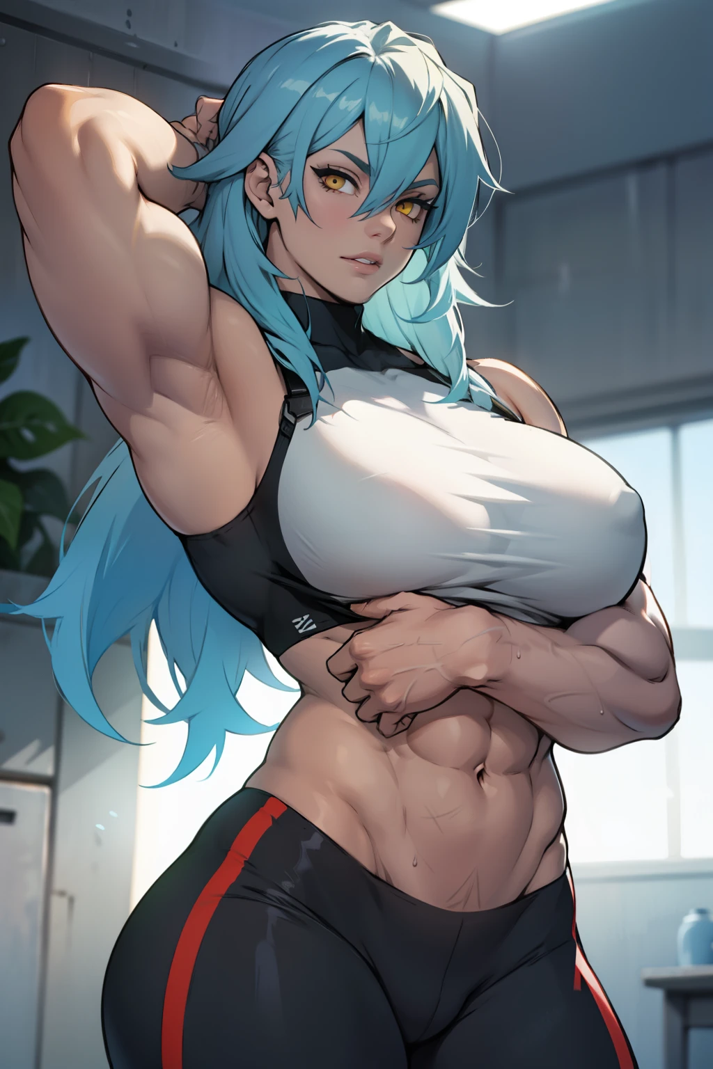 girl huge muscles huge breasts pale skin long hair yellow eyes hair between eyes