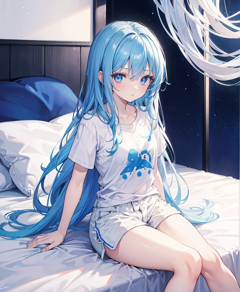 8K, Highest quality, (real:1.4), Original photo, 1 girl, Asari Hair, smart blue eyes,Sit on the bed,White shorts,Plain T-shirt、Looking up at the ceiling,(Simple plain background:1.3)
