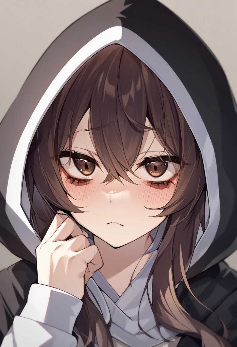 1girl, tired expression, wearing black hood, long brown hair, brown eyes, dark circles under eyes, pale skin