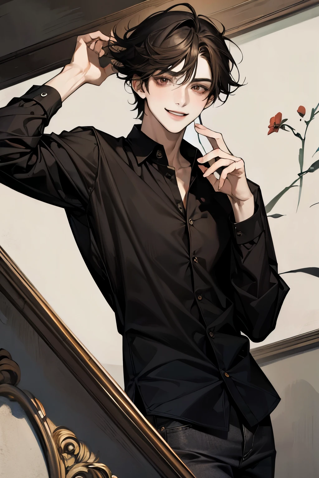 masterpiece, Best quality, One, male, black hair, Medium hair, Brown eyes, smile on your face, black casual shirt