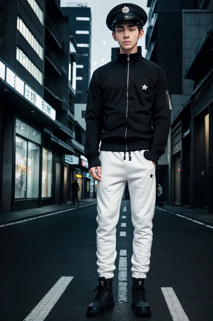 Young man, pale white skin, wearing white t-shirt, black zip up sweater, black sweat pants, black military boots, wearing military black hat, full body, three quarter view, standing, anime style, eye anime style, toriyama, miyazaki, dark empty street with bright buildings and skyscrapers background with beautiful night sky with stars.