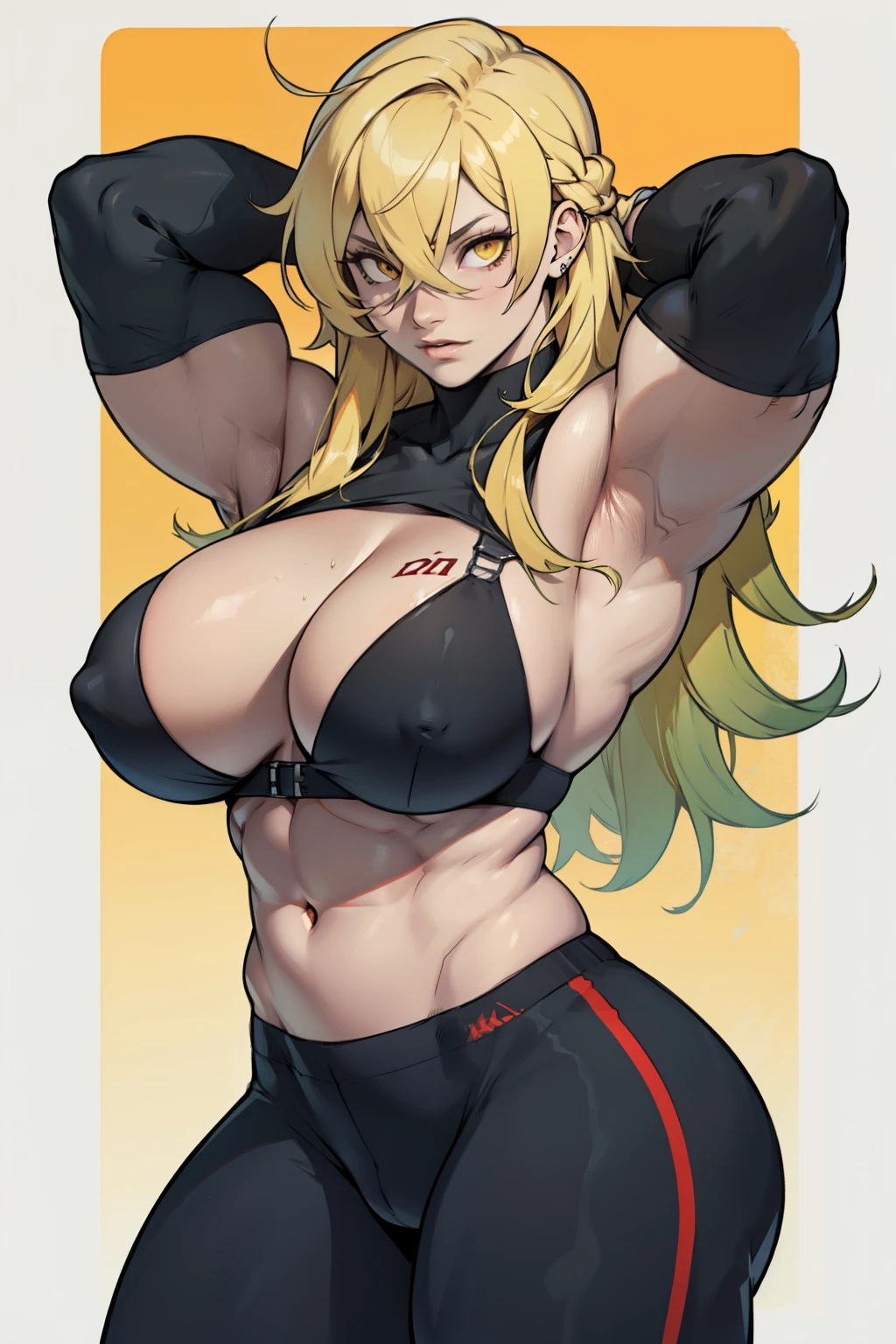 girl huge muscles huge breasts pale skin long hair yellow eyes hair between eyes