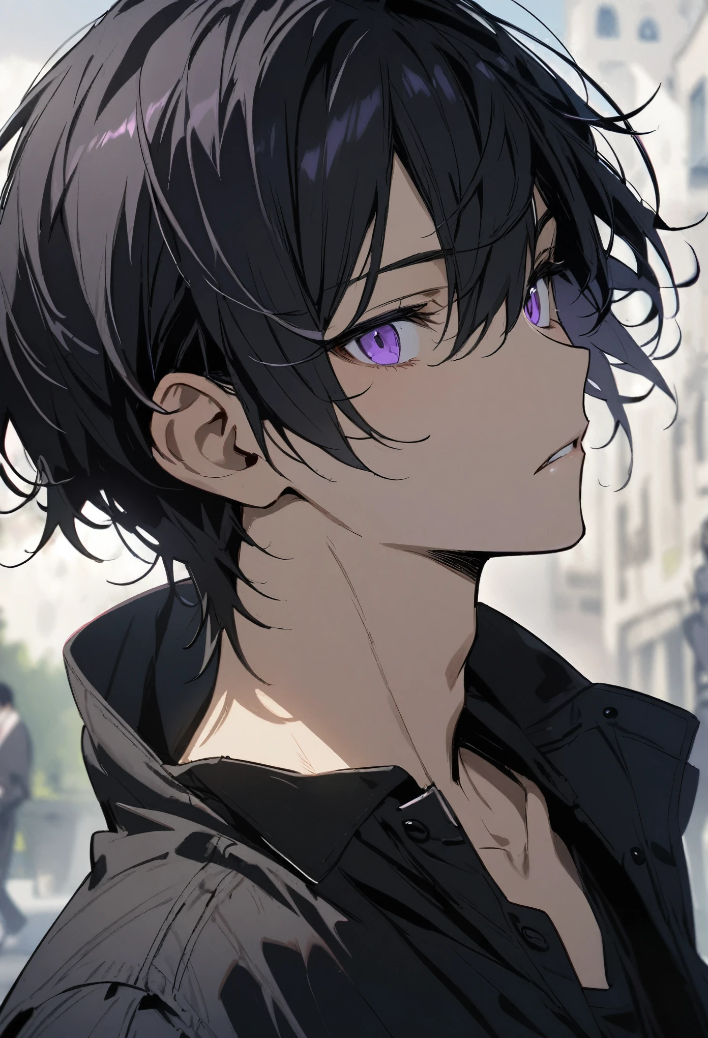 Beautiful, One, 1 man, short hair, black hair, purple eyes, black shirt,  light tanned skin