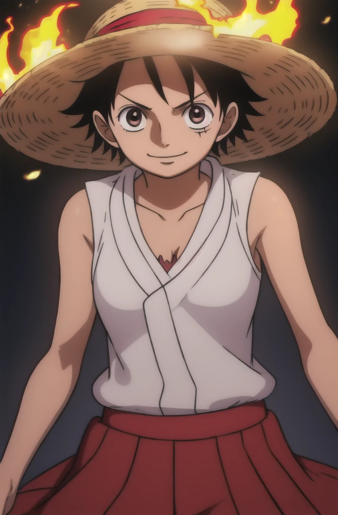 1girl, wanostyle, female monkey d luffy, smiling, straw hat, looking at viewer, solo, upper body, ((masterpiece)), (best quality), (extremely detailed), depth of field, sketch, dark intense shadows, sharp focus, soft lighting, hdr, colorful, good composition, fire all around, spectacular, closed shirt, anime screencap, scar under eye, ready to fight, black eyes 