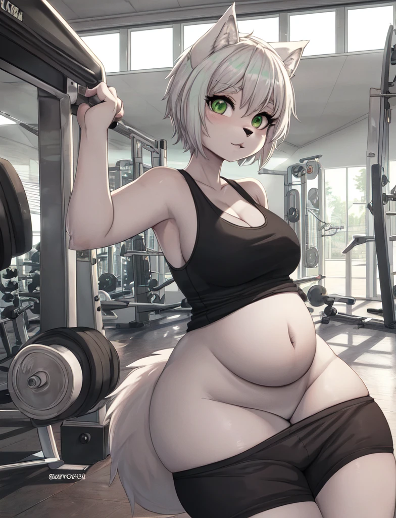 furry, curvy wolf woman, chubby, cute, white wolf, wearing a tank top and shorts, green eyes, short white hair, in gym, hand drawn, 2D, comic realism, warm lighting