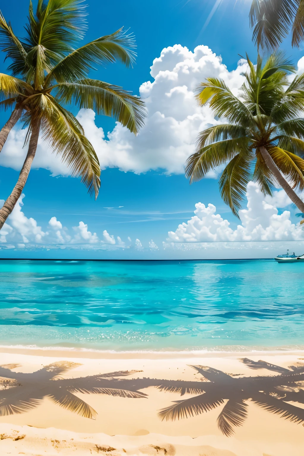 ((best quality)), ((masterpiece)), (detailed) A realistic scene of the Caribbean Sea. Crystal-clear turquoise water stretches out under a bright blue sky. Gentle waves lap against a pristine sandy beach. A few palm trees sway lightly in the breeze, casting soft shadows on the sand. The sun is shining brightly, creating sparkling reflections on the water's surface. The atmosphere is calm and inviting