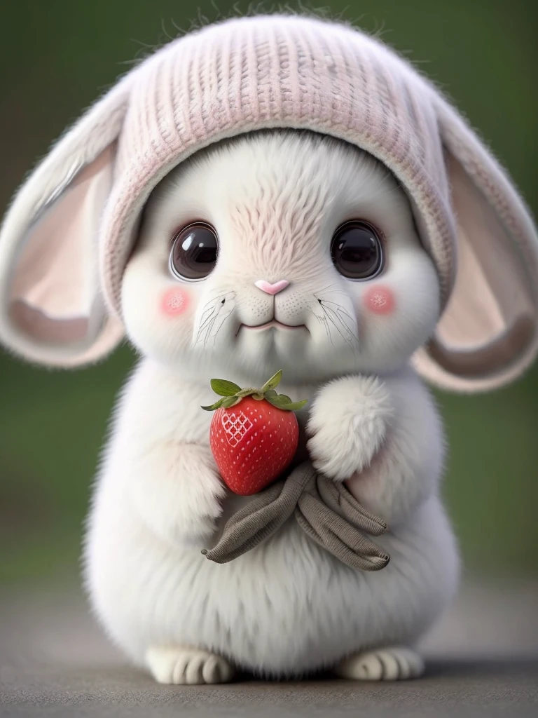 : 3. Rabbit, realistic, hairy, clothed animal, apple, dark circles, blush, cherry, food, fruit, full body, hat, non-human, strawberry, tomato, watermelon