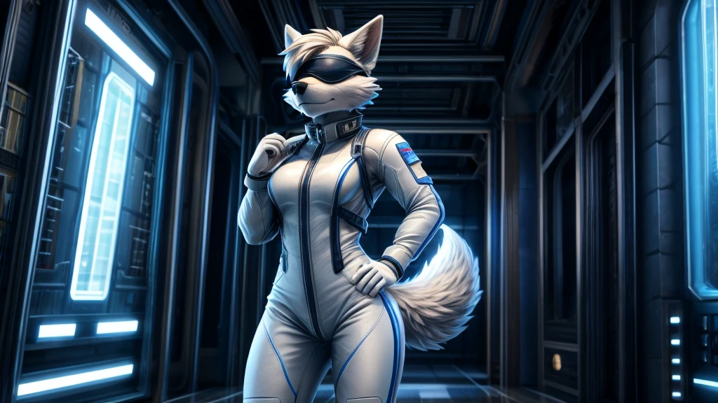 Skye from Paw Patrol, as a white fox, anthro, mature adult, fluffy short hair, blindfold, white techwear bodysuit, standing, serious, detailed, solo, beautiful, high quality, 4K, HDR