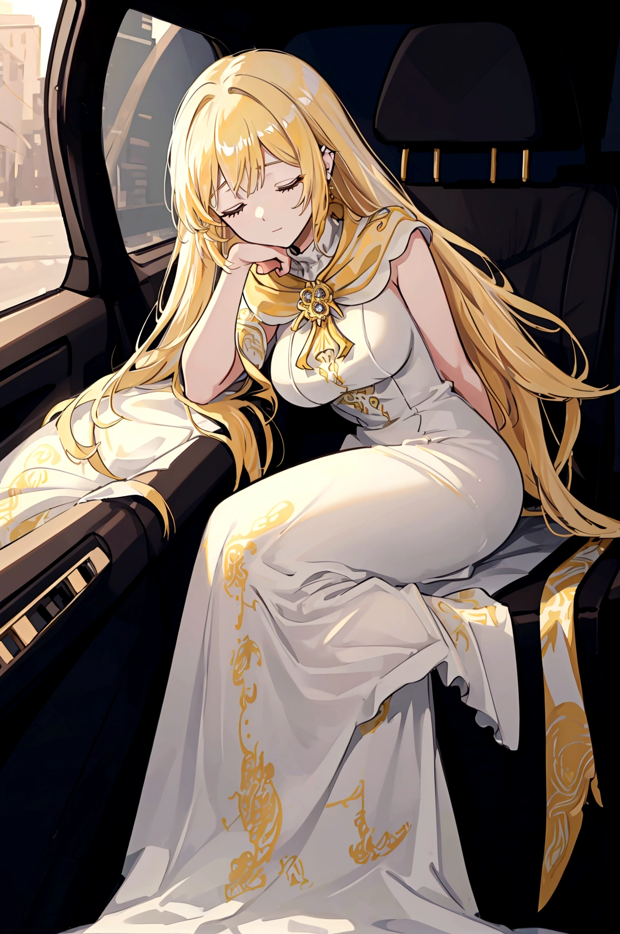 ((Masterpiece)), ((Best Quality)), 8K, HD, Super Detail, (Woman), (White dress studded with yellow gold rims), (Golden hair shawl scattered), (Expression closed eyes) (Sleeping in a car 1.6) (Full Body Display 1.4) The artwork is a masterpiece, with the best quality and super detail, captured in 8K HD. Photographic realistic, realistic, very detailed illustrations realistic, octane rendering