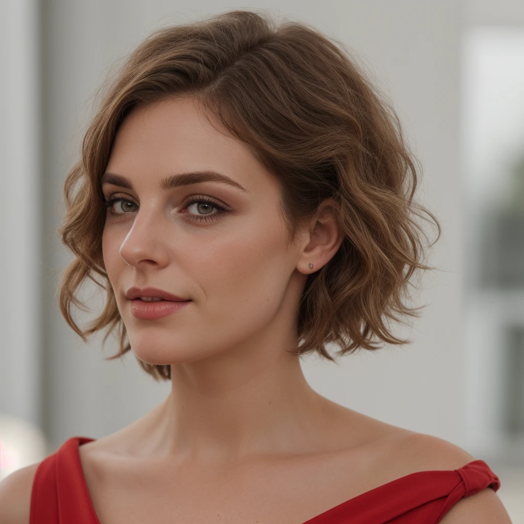 medium close up shot, wavy short brunette hairs, looking at the camera, facing at the camera, (long elegant red dress), no teeth visible, sharp facial features