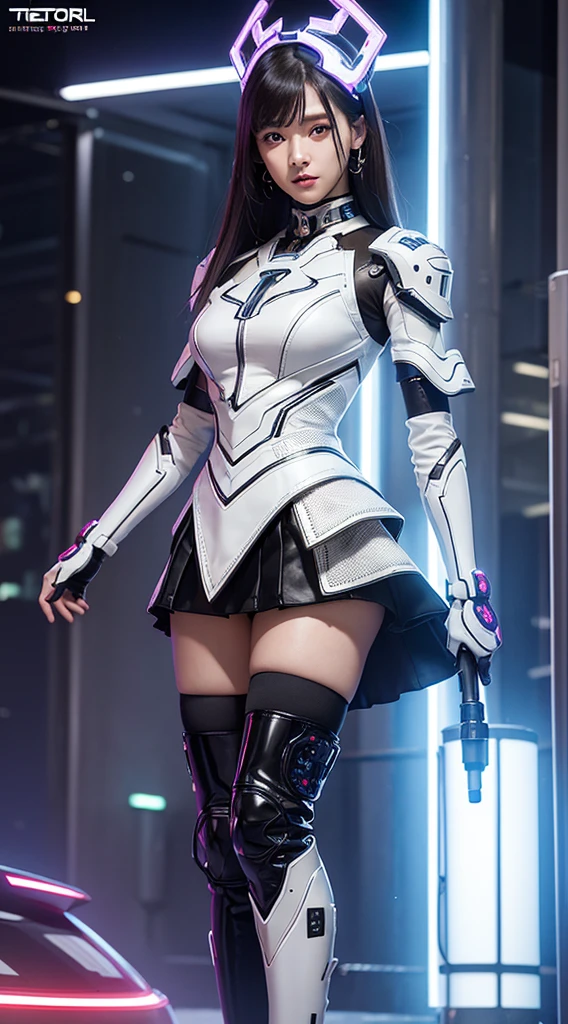 quality、tmasterpiece、Ultra-high resolution、(Reality:1.4)、Center,RAW photos、white mecha、White porcelain body、Acrylic transparent cover、brown very very long hair、Skin glows、1 robot girl、((Ultra-realistic details))、Potrat、globalillumination、cellshading、Octagon rendering、8K、Super sharp、Character edge light,Original leather、Intricate decorative details、Aztec details、Hydraulic cylinder、Small LED light、highly intricate detail、True ray tracing、a purple eye、Radiant in front of the camera、neon light detail、Futuristic headgear、About cyberpunk、skirt