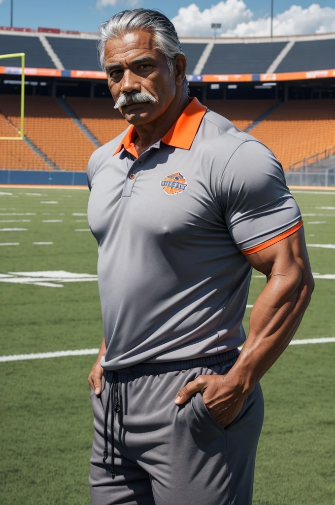 man from samoa, 60 years old, very muscular body, long gray hair, football coach, thin moustache, at a football field, wearing orange polo shirt and orange pants