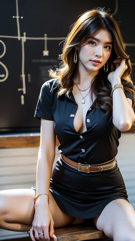 (8ก,high resolution,Masterpiece, best quality, alone, complicated details, Chromatic aberration), realistic, ((middle bust)), hair in one eye, big round hoop earrings, Diamond choker, Gold Necklace, silver necklace, small watch, bangle, bracelet, bangleข้อเท้า, waist necklace, (symmetrical eyes),(Perfect symmetrical body), (Photo of a beautiful age girl of 24 years old), Beautiful and charming with contemporary fashion paintings as well......, looking at the audience, ((Behind the scenes of a large classroom)), (black short skirt), (((Wear a blue shirt over มัน...., ((whมันe short sleeve, Open chest shirt), ((Open your shirt and show a little of your breasts...., very good,)), (), (Sagging breasts.))), (()), (Long square leather belt buckle), ((Put your hands down.)), (Bob, medium length hair, pinch, Side flatness, brass colored hair, (There is a thin layer of hair covering the face.........)), sharp eyeliner, eyelid, Blush, have thick eyelashes, sharp eyes, purple eyes, pink cheeks, Very delicate and beautiful, round chin, Sharp focus, elegant, (Open your legs on the study table.........), (Soman turns his head to look at the camera......), (Open your legs and lift your right leg over your left leg.........), (Close-up photo, Shot from the shin below the knee...),, (Sagging breasts.), camel toe, (sitting on the table reading a book..), (Sit with your legs apart...., free feet, Show off faded underwear), (), (Close-up full body photo, Saw black stilettos....