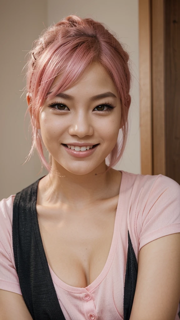 Beautiful , portrait, pretty face, pink hair, smiling, asian, attractive, perfect, realistic , realism