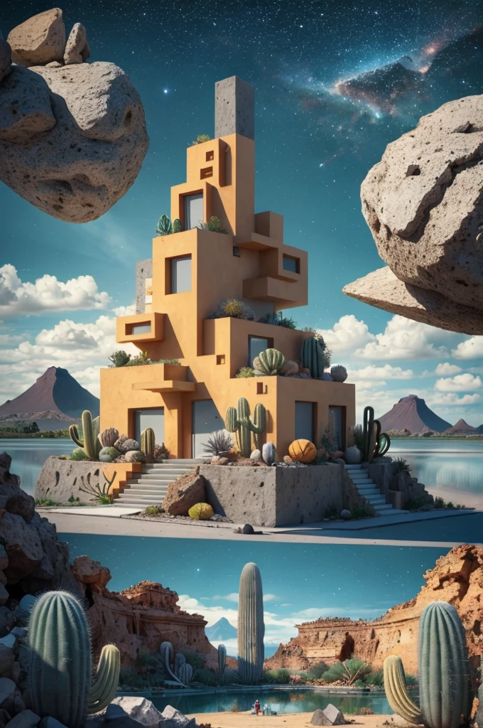 An illustration, collage style, David Hockney visual style, (((Luis Barragán's architectural style houses in middle of a lake))), big boulders, little cascade, mountains, volcanos, volcanic landscape, pool, stairs, beautiful gardens, abundant vegetation, cacti, agave, big clouds, sunset. Magazine cover, serif tipography, editorial design, masterpiece, An illustration in collage style, con rocas gigantes, Brutalist construction sections, escaleras, cactus, agave, textura de concreto, Multiple geometric shapes, hatch and cross hatching, planeta Saturno. ((masterpiece, best quality)),illustration,ultra detailed 8k. (((An illustration of a build designed by Luis Barragán))), with a desertic vegetation garden, (big rocks), ((cacti)), lake, volcano in horizon, smooth clouds, (((illustration collage format))), ((Escher's art style)), (((multiple sections))), (violet, blue, olive green, grey, black and white), hard shadows, (((geometric sculptures))), concrete sculptures, high contrast, dramatic, cinematographic, ((milky way galaxy)), intricate, intricate details, sharp focus,landscape