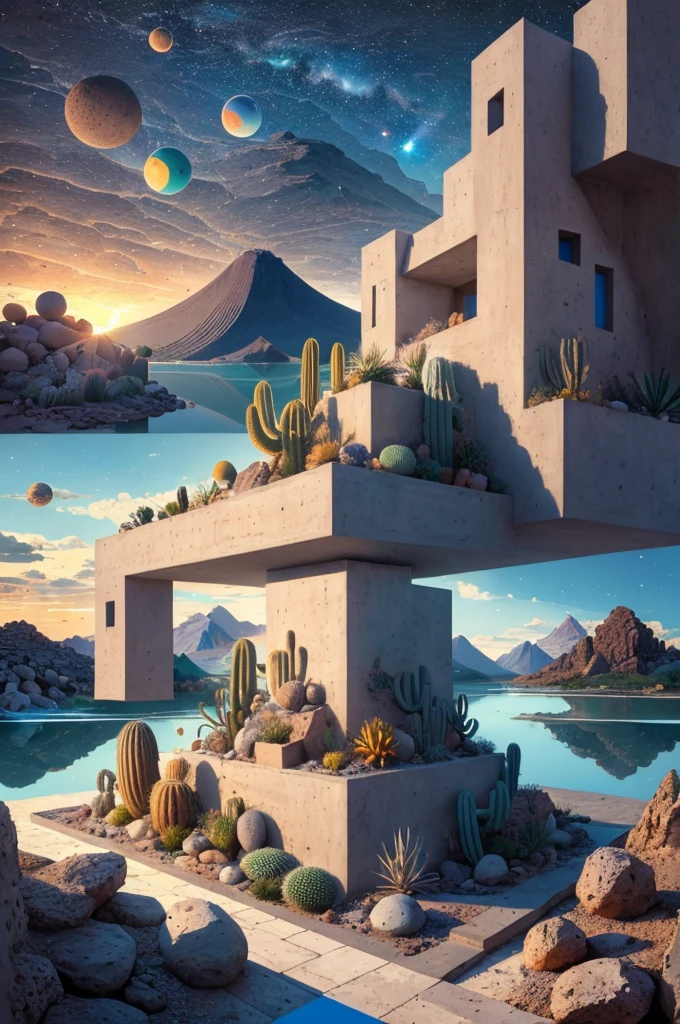 An illustration, collage style, David Hockney visual style, (((Luis Barragán's architectural style houses in middle of a lake))), big boulders, little cascade, mountains, volcanos, volcanic landscape, pool, stairs, beautiful gardens, abundant vegetation, cacti, agave, big clouds, sunset. Magazine cover, serif tipography, editorial design, masterpiece, An illustration in collage style, con rocas gigantes, Brutalist construction sections, escaleras, cactus, agave, textura de concreto, Multiple geometric shapes, hatch and cross hatching, planeta Saturno. ((masterpiece, best quality)),illustration,ultra detailed 8k. (((An illustration of a build designed by Luis Barragán))), with a desertic vegetation garden, (big rocks), ((cacti)), lake, volcano in horizon, smooth clouds, (((illustration collage format))), ((Escher's art style)), (((multiple sections))), (violet, blue, olive green, grey, black and white), hard shadows, (((geometric sculptures))), concrete sculptures, high contrast, dramatic, cinematographic, ((milky way galaxy)), intricate, intricate details, sharp focus,landscape