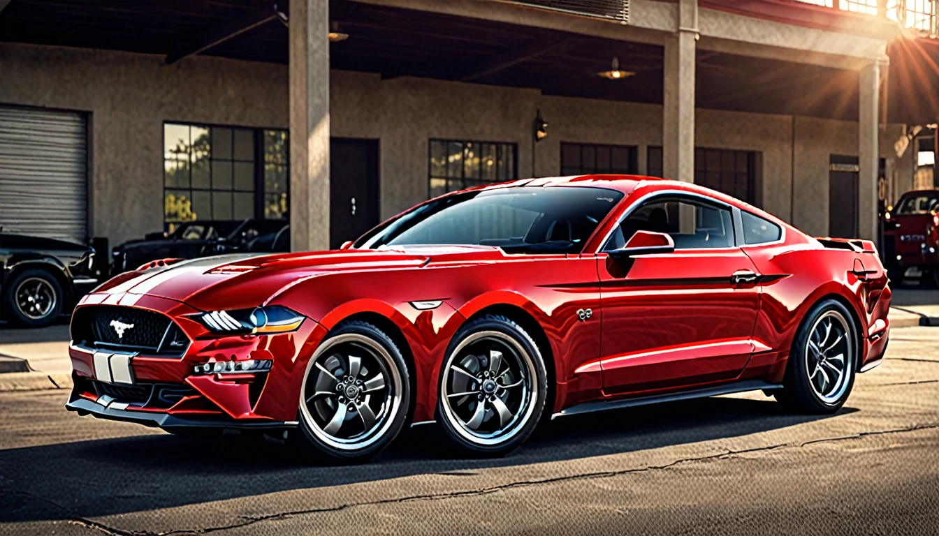 a detailed photo of a red ford mustang sports car, high quality 4k image, hyperrealistic, glossy finish, dramatic lighting, dynamic angle, detailed engine, intricate chrome accents, gleaming wheels, stunning exterior, classic muscle car design, powerful and aggressive stance