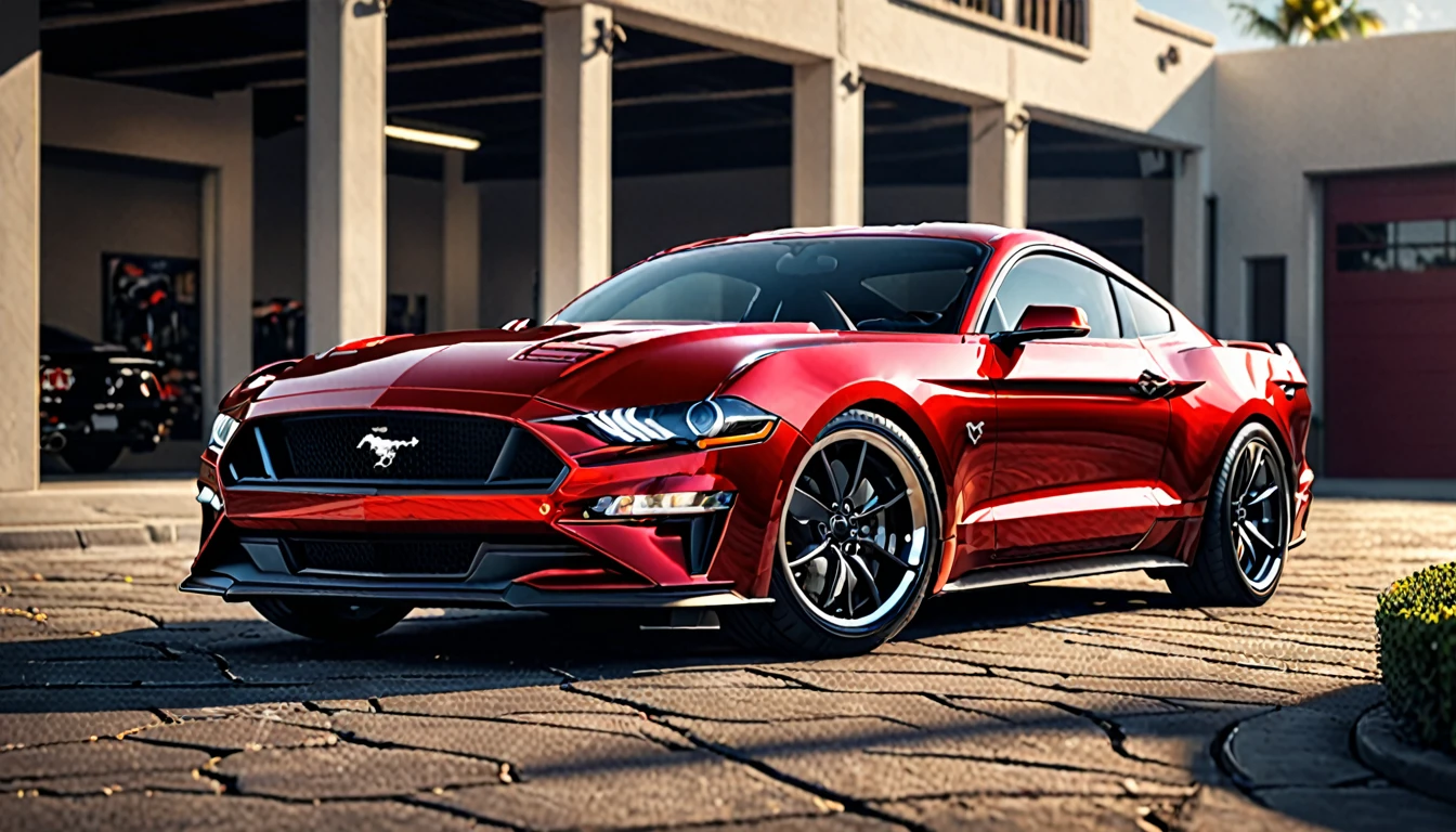 a detailed photo of a red ford mustang sports car, high quality 4k image, hyperrealistic, glossy finish, dramatic lighting, dynamic angle, detailed engine, intricate chrome accents, gleaming wheels, stunning exterior, classic muscle car design, powerful and aggressive stance