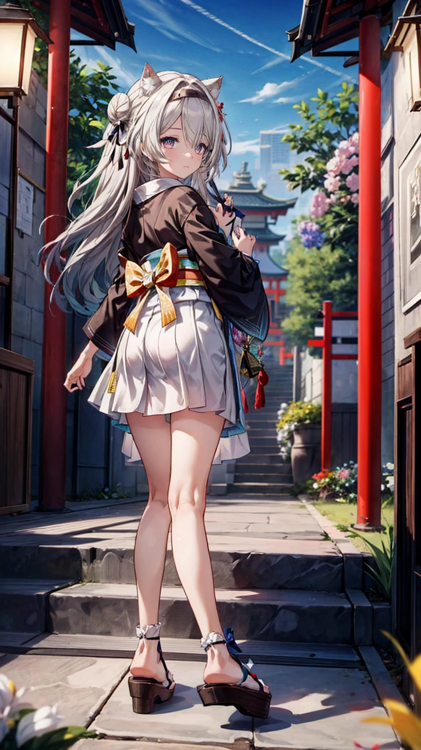 ((masterpiece,best quality)),outdoor, Red Torii, Tree, stairs,, 2 girls, Shrine maiden,Shrine maiden, Looking at the audience, look back,, Red Legwear, red Ribbon, Black Hair,樱flower, sky, flower, Hair Bun, hair Ribbon, Japanese clothes, kimono, Long hair, Cat ears, small flowers,, Multiple girls, Red Eyes, Red hair, Ribbon, sandals, single Hair Bun, permanent,clog sandals,white kimono, Yellow eyes,火flower,High Leg Raise,