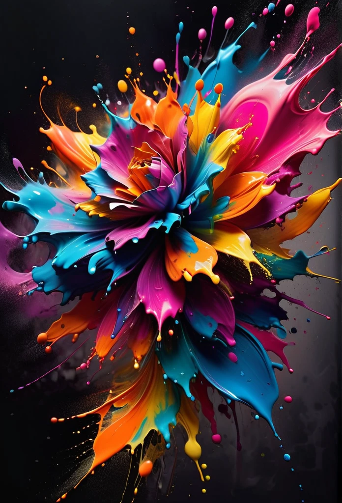 (best picture quality,4K,8K,high-definition,masterpiece:1.2),Ultra-detailed,(lifelike,lifelike,lifelike:1.37)。Creative wallpaper design,Extremely aesthetic,Explosive art,swirl,abstract art,like a blooming flower,(((ink splash:1.5,Art splashes))),(((ink splash effect:1.37,Sprayed paint:1.37.splash of colorful paint,paint splatter background,)))Energetic movement,Dynamic and powerful abstract art,rich colors,propylene,Vivid rainbow hues,Happy and lively atmosphere,bright orange,Pink,Whimsical and dreamy,Spontaneous splashing,bold color contrast。dark background