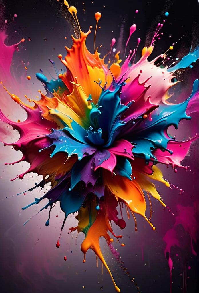 (best picture quality，4K,8K，high-definition，masterpiece:1.2)，Ultra-detailed，(lifelike，lifelike，lifelike:1.37)。Creative wallpaper design，Extremely aesthetic，Explosive art，swirl，abstract art，like a blooming flower，（（（ink splash：1.5，Art splashes））），（（（ink splash effect：1.37，Sprayed paint：1.37.splash of colorful paint，paint splatter background，）））Energetic movement，Dynamic and powerful abstract art，rich colors，propylene，Vivid rainbow hues，Happy and lively atmosphere，bright orange，Pink，Whimsical and dreamy，Spontaneous splashing，bold color contrast。dark background