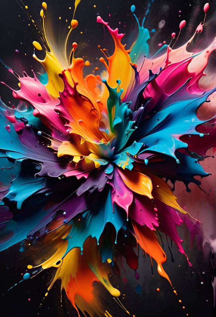 (best picture quality,4K,8K,high-definition,masterpiece:1.2),Ultra-detailed,(lifelike,lifelike,lifelike:1.37)。Creative wallpaper design,Extremely aesthetic,Explosive art,swirl,abstract art,like a blooming flower,(((ink splash:1.5,Art splashes))),(((ink splash effect:1.37,Sprayed paint:1.37.splash of colorful paint,paint splatter background,)))Energetic movement,Dynamic and powerful abstract art,rich colors,propylene,Vivid rainbow hues,Happy and lively atmosphere,bright orange,Pink,Whimsical and dreamy,Spontaneous splashing,bold color contrast。dark background