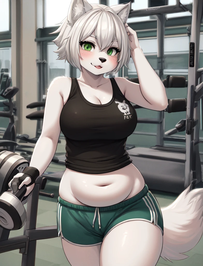 furry, curvy wolf woman, chubby, cute, white wolf, wearing a tank top and shorts, green eyes, short white hair, in gym, hand drawn, 2D, comic realism, warm lighting, one peraon, pluse sized