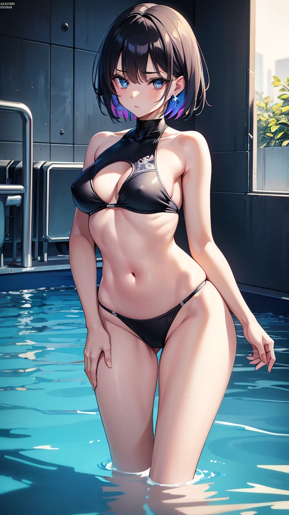 Masterpiece, top quality, best quality, official art, beautiful and aesthetic, anime, 1girl,extremely detailed, colorful, more detailed ((ultra-detailed)), (highly detailed CG illustration),Best Quality, High resolution, Unity 8k Wallpaper, (Illustration:0.8), (Beautiful detailed eyes:1.6), extra detailed face, Perfect Lighting, extremely details CG, (Perfect hands, Perfect Anatomy), swimming pool, black short hair, blue eyes,earrings,skinny fit,small breasts,wet, tight blue swimsuit, back view, bend over,in middle, soft light.