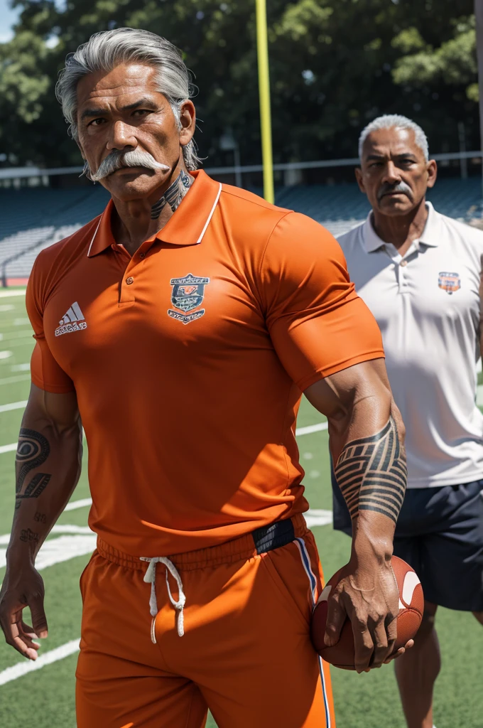 man from samoa, 60 years old, very muscular body, long gray hair, football coach, thin moustache, at a football field, many tribal tattoos, wearing orange polo shirt and orange pants