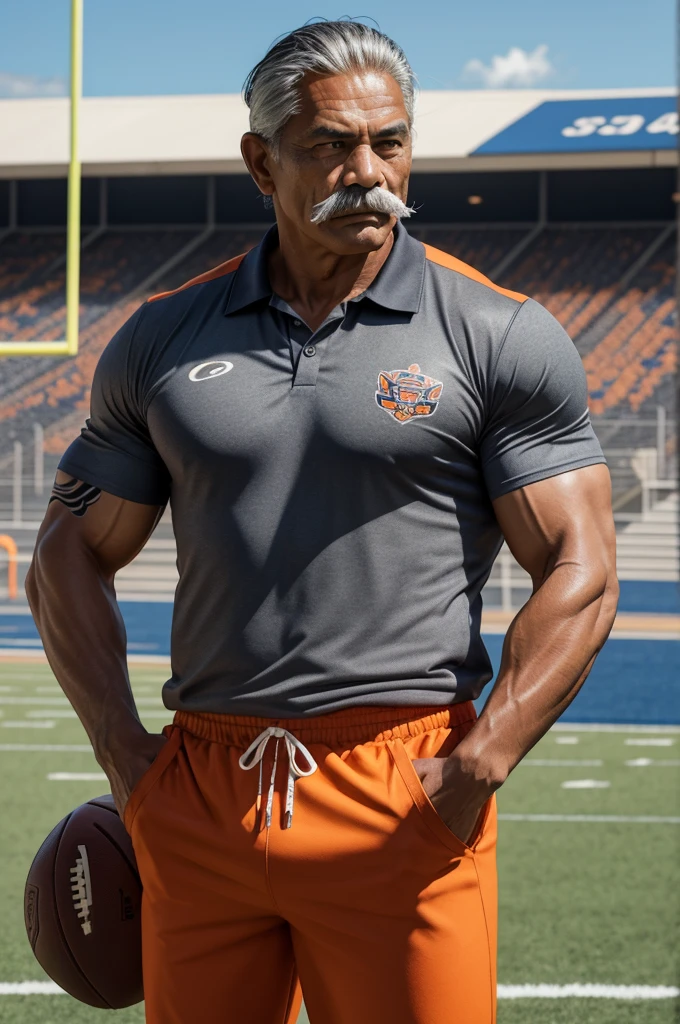 man from samoa, 60 years old, very muscular body, long gray hair, football coach, thin moustache, at a football field, many tribal tattoos, wearing orange polo shirt and orange pants