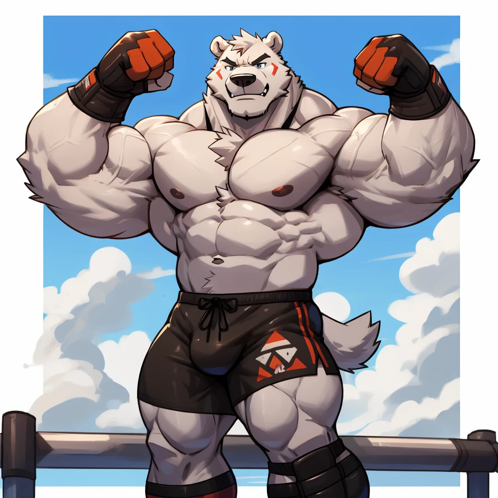 Huge muscular thick white Polar Bear bodybuilder shirtless in blue MMA shorts, MMA gloves and MMA foot wear training for the MMA tournament.
