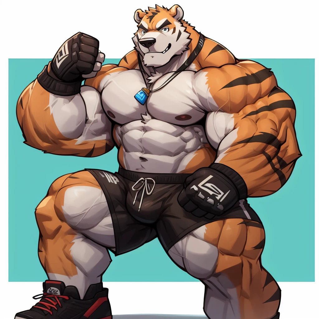 Huge muscular thick white Polar Bear bodybuilder shirtless in blue MMA shorts, MMA gloves and MMA foot wear training for the MMA tournament.