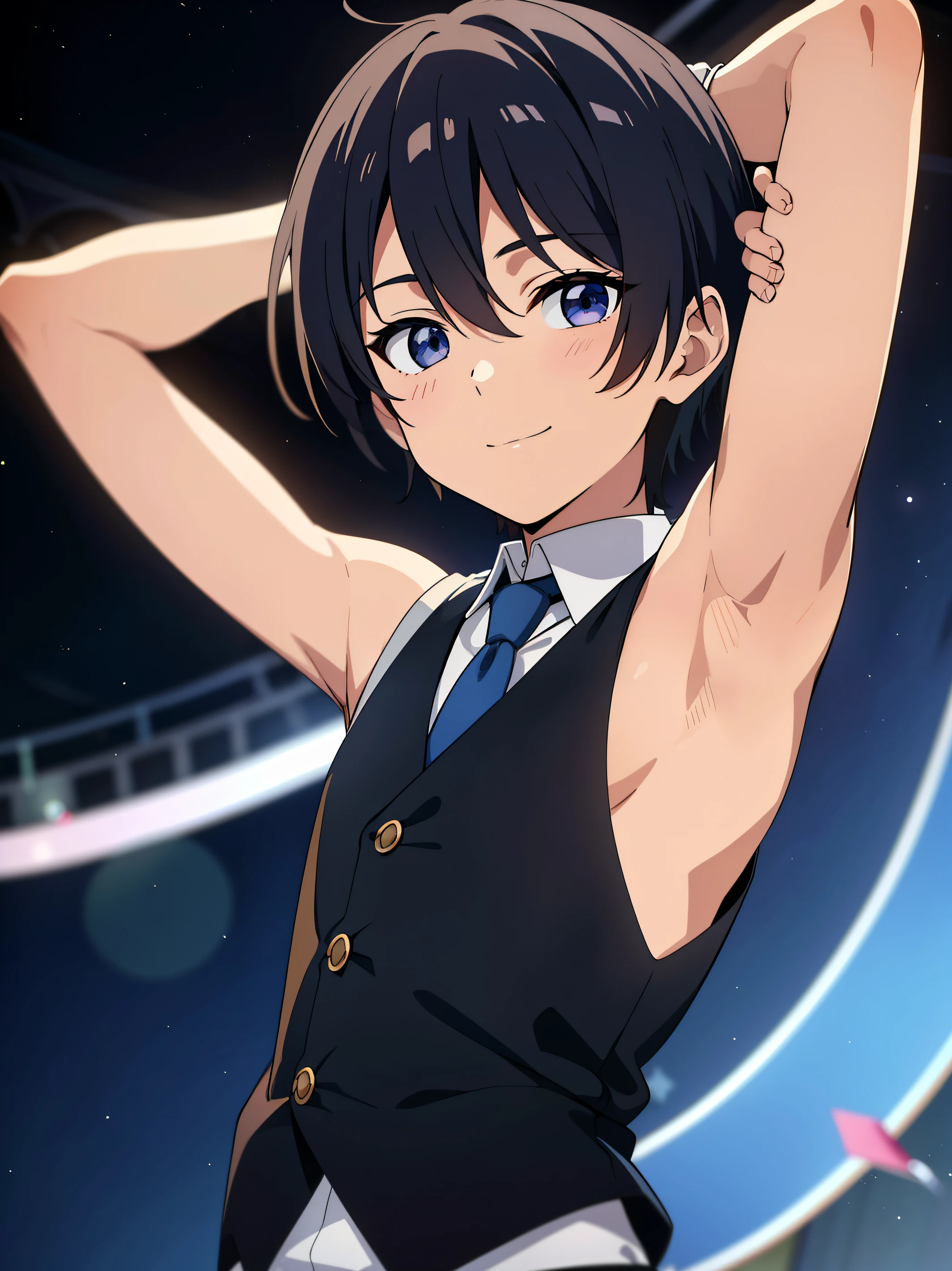 Highres, Masterpiece, Best quality at best,Best Quality,hight quality, hight detailed, Anime style, 1boy, Boy, Little boy, Shota, Solo person, Sleeveless vest, Tie, Choker, Casino, Waiter, night day, Slim body, smile, Body, blurry background, Seen from the front, The armpits of a 12 year old boy, Adorable little armpits, (Showing armpit:1.3), (very young boy), (very small and short body), Age 12,Uhd, bokeh