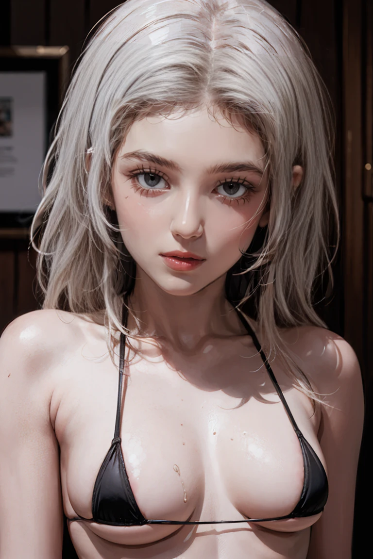 (Oil and shine), 8K, masterpiece, Most detailed, Highest quality, Perfect look, (Too real oil :1.5), create a sense of fit, female, Sunburn, logic, Bouncing, naked, (Beautiful Hair:1.0), wild，Micro Bikini,(NSFW:1.0),(Long white hair)