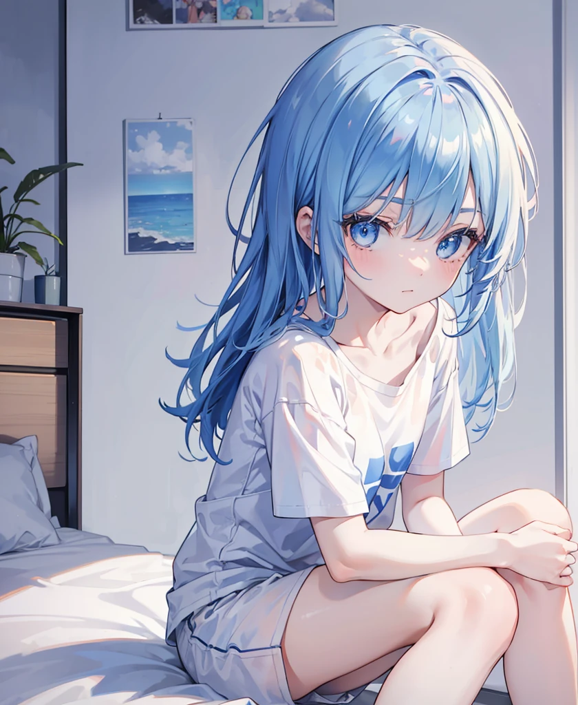 8K, Highest quality, (real:1.4), Original photo, 1 girl, Asari Hair, smart blue eyes,Sit on the bed,White shorts,Plain T-shirt、Look Up,（Simple plain background:1.3）
