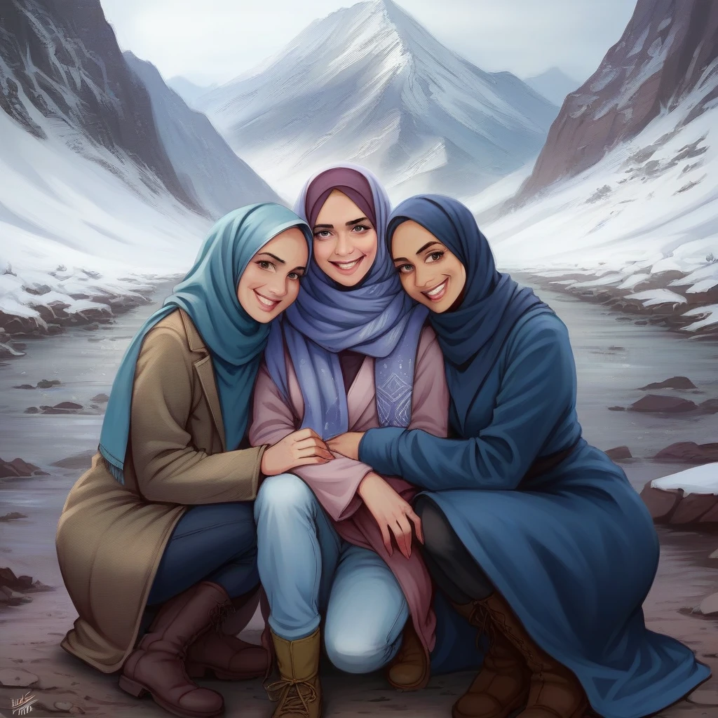 Snowy mountains in the background and crystalline stream, 3 friends hugging with face straight to the camera, They wear pink hijab, long dark brown coats and brown leather boots because of the cold, photo realistic, masterpiece. best photography, HDR, 32K, real image, accurate image, accurate body, perfect lighting