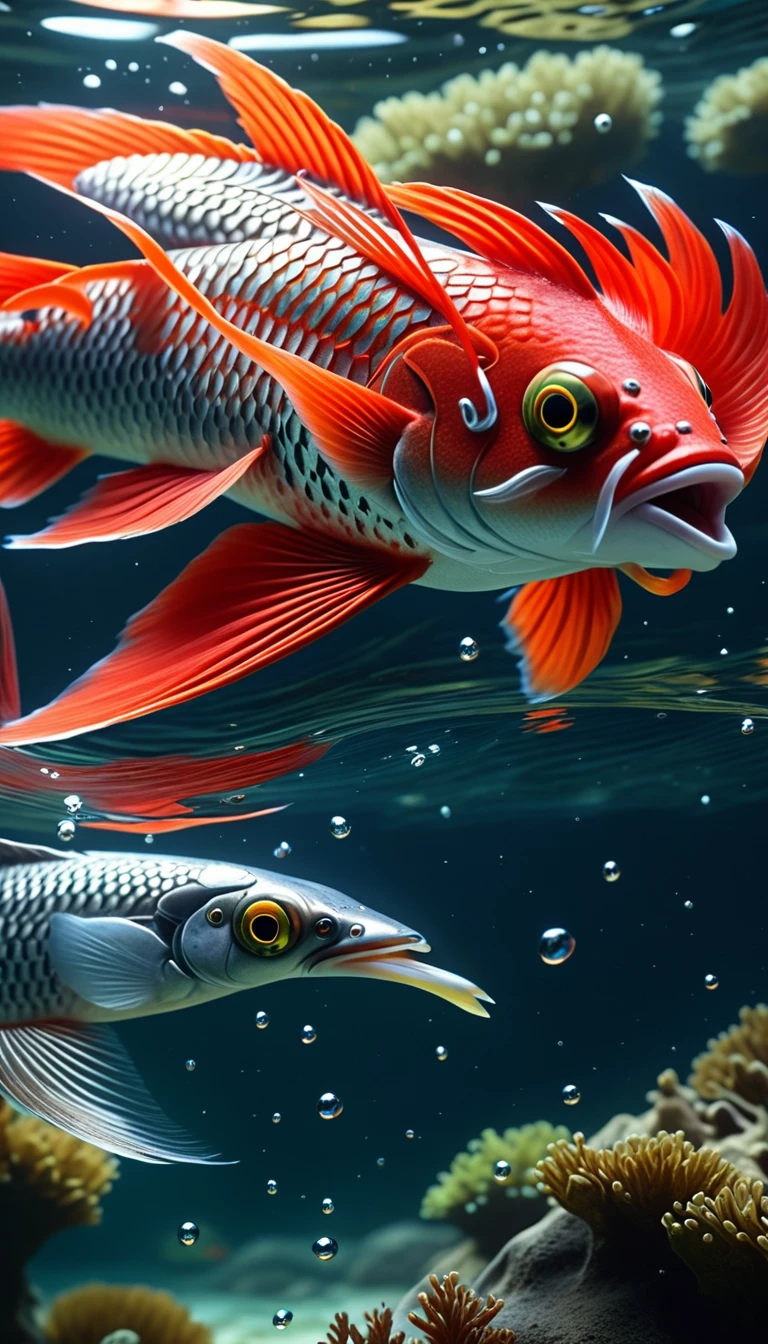 There is a red fish in the water,Has a human face,Mysterious Creatures, shrike, (best quality,4K,8K,High level,masterpiece:1.2),Ultra Detailed,(lifelike,Photo real,Photo real:1.37),Highly detailed animals,Complex patterns,Realistic lighting,Fantasy Creatures