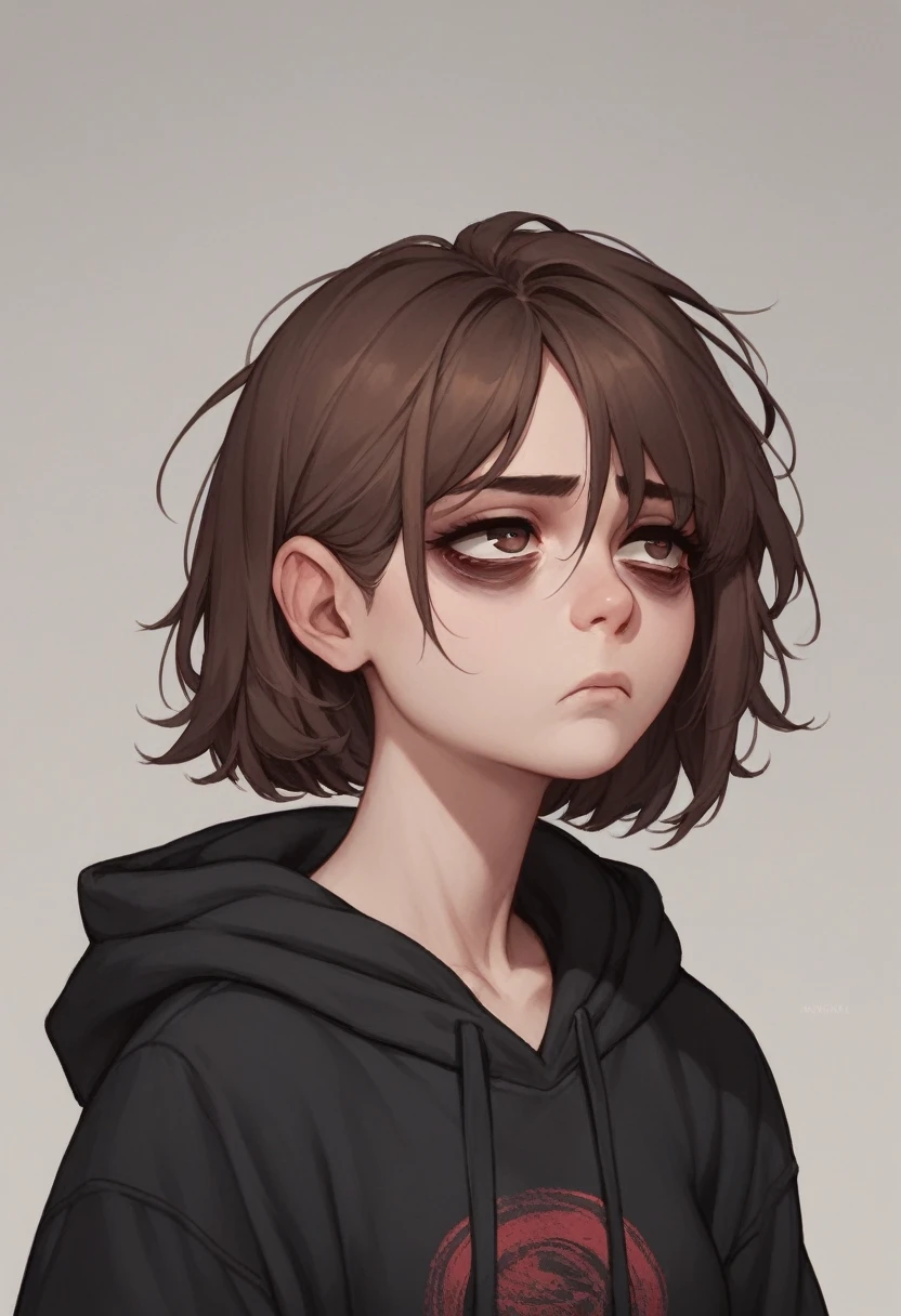 1girl, brown hair, brown eyes, black hoodie, dark circles under eyes, tired expression