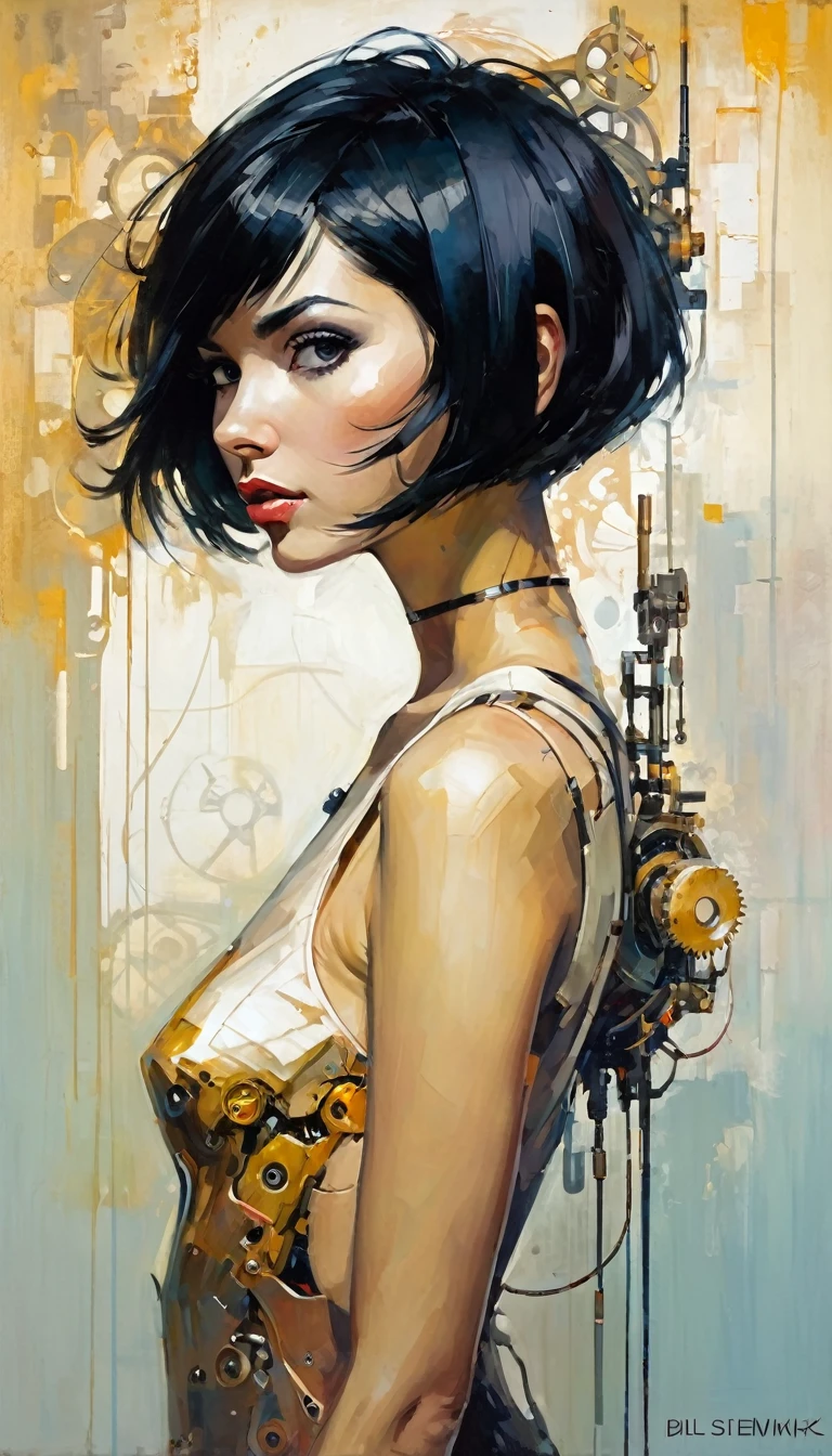 mechanical_body,mechanicl_face,full_body,short hair,black hair,good anatomy,best quality,masterpiece,beautiful,cute face (art inspired by Bill Sienkiewicz). oil painting)