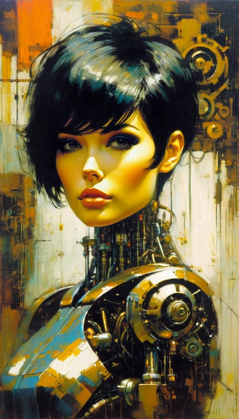 mechanical_body,mechanicl_face,full_body,short hair,black hair,good anatomy,best quality,masterpiece,beautiful,cute face (art inspired by Bill Sienkiewicz). oil painting)