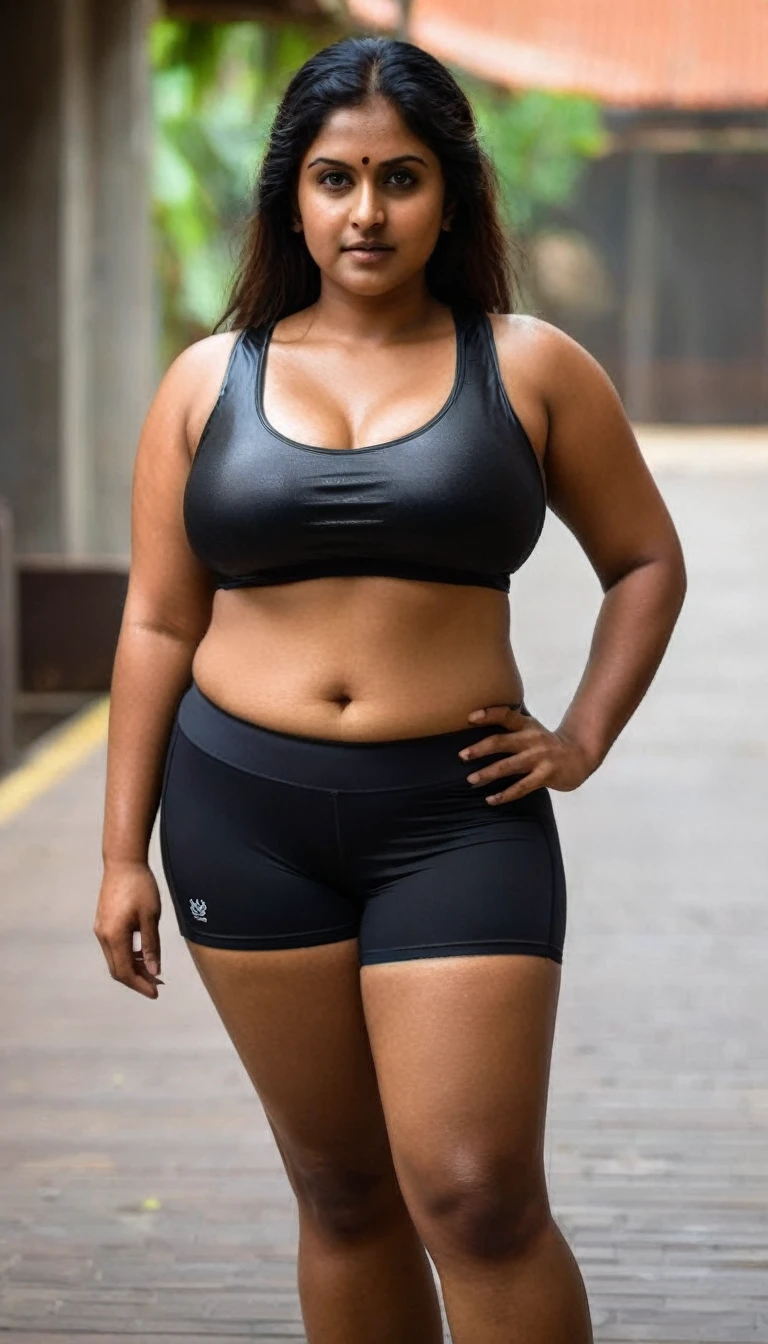 A 38 years old Bangladeshi woman ( with dark brown sweaty oily skin, big round boobs, thick thighs) wearing a black shorts and a black sports bra ( showing massive cleavage). Warm dark ambient dim lighting , dark low lighting , dim lighting, natural lighting
