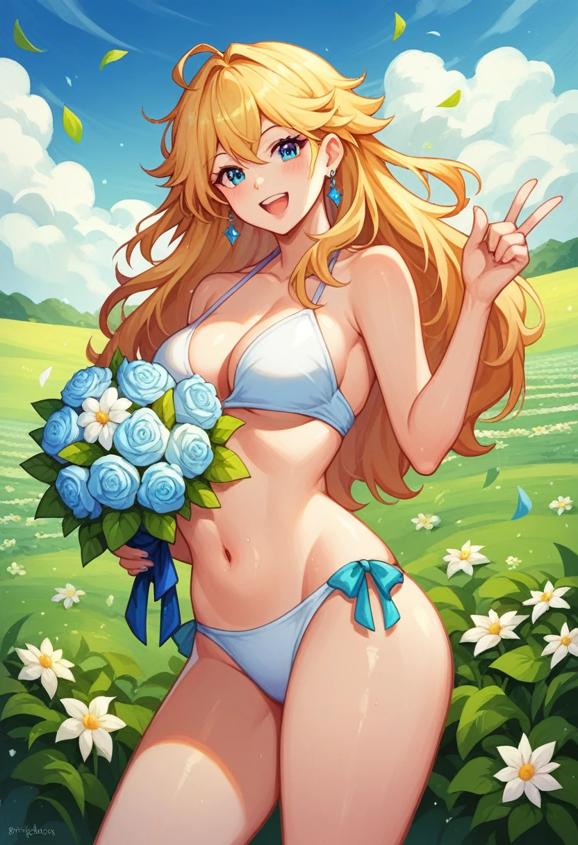 create fun images, A 28-year-old brunette woman with messy hair standing in a flower field. The background is a flower meadow with a light blue color scheme.。. The woman will be smiling and holding a very large bouquet of flowers., She is dressed in a white bikini,extend it towards the viewer in a giving gesture. We will do our best to capture this vibrant and celebratory scene for you.!🌼🌼🌼