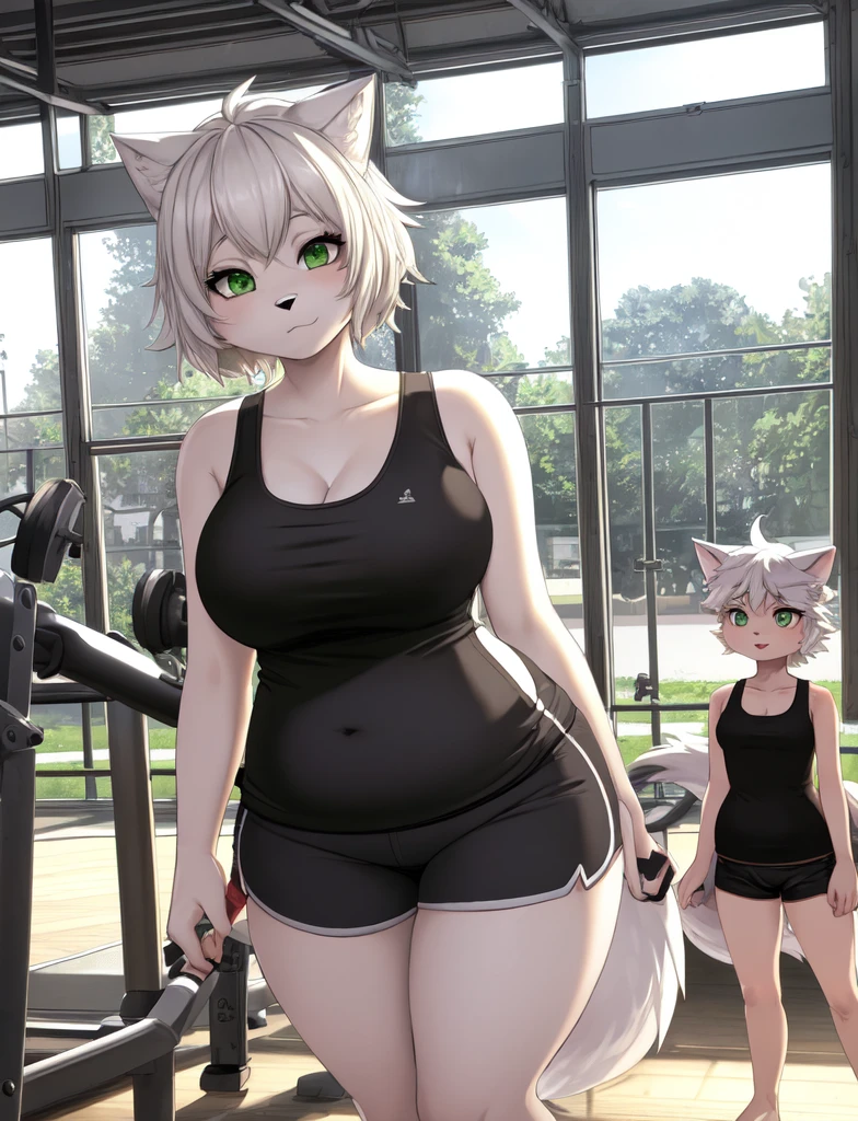 furry, curvy wolf woman, chubby, cute, white wolf, wearing a tank top and shorts, green eyes, short white hair, in gym, hand drawn, 2D, comic realism, warm lighting, one peraon, pluse sized