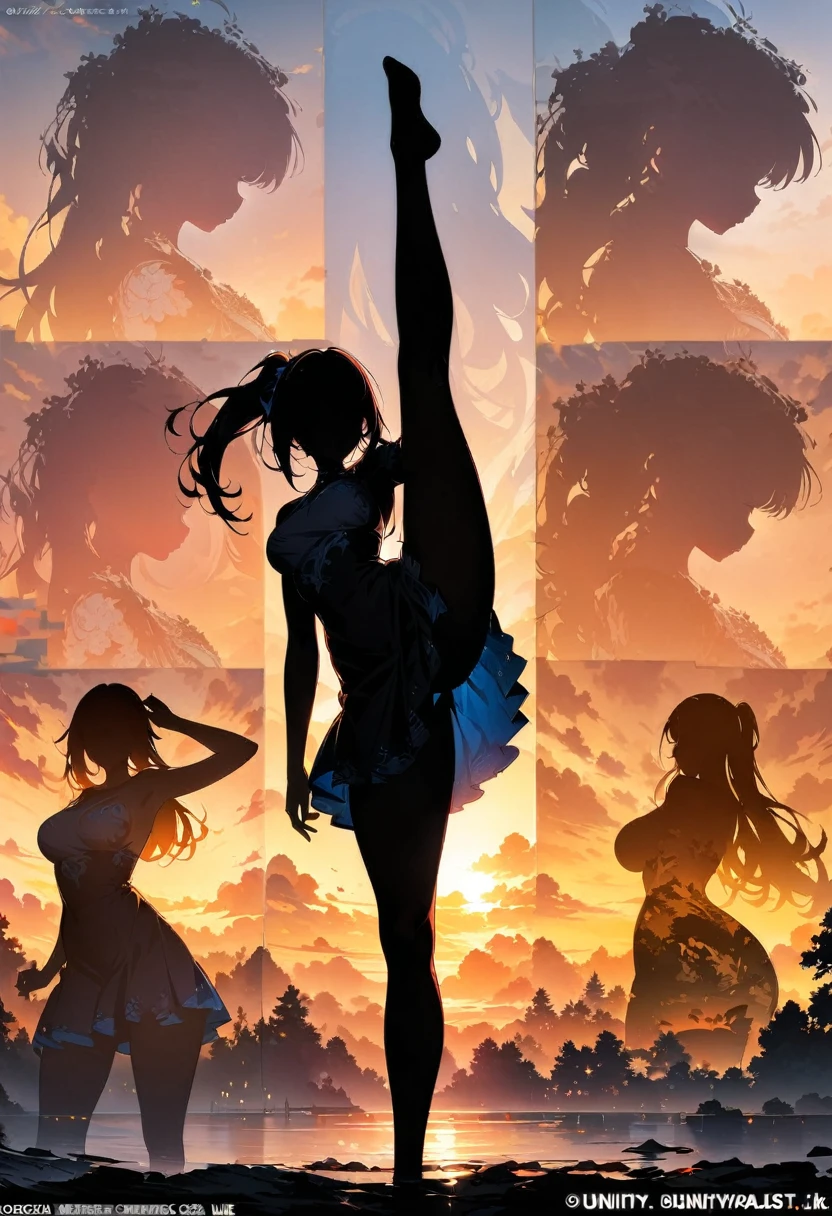(masterpiece, best quality:1.2), 1girl, solo,standing_split,
Silhouette Art of 1girl, multiple exposure, sunset, enhance, intricate, (best quality, masterpiece, Representative work, official art, Professional, unity 8k wallpaper:1.3)