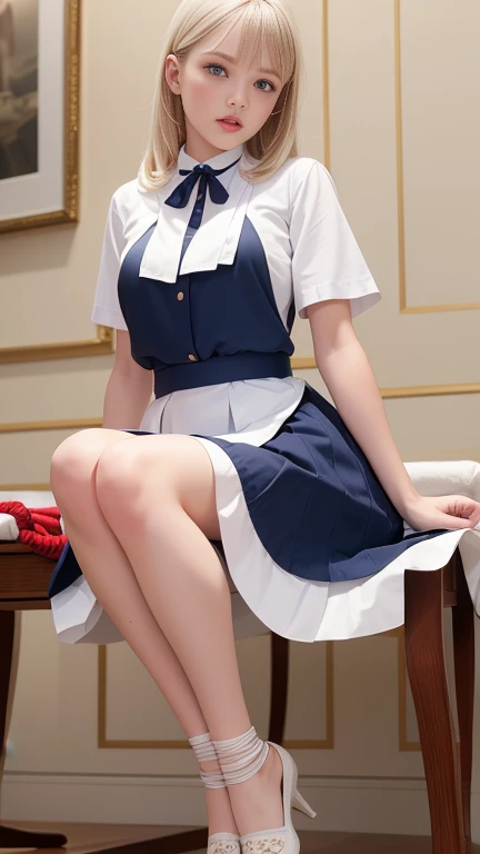 (Highly detailed CG Unity 8k), (Highest quality)，(Very detailed)，(Ultra-high resolution), 1 female, white cloth gag, uniform, Sailor suit, Rope Bondage, breasts Rope Bondage, hands back Rope Bondage, leg Rope Bondage, thigh Rope Bondage, bust Rope Bondage, feet Rope Bondage, Put your arms behind your hips, Wrists tied, Tie your ankles, Gagged with a white cloth, Dark blue skirt, legs stretch, The rocking horse is so high that my feet can&#39;t reach it.., The triangle horse has a sharp shape, (Legs straddling a wooden horse:1.4), ((Black Stockings)), ((Black garter belt)), Brown Loafers, White blindfold, A white gag right up to the nose, Ticker, Navy blue pleated skirt, 