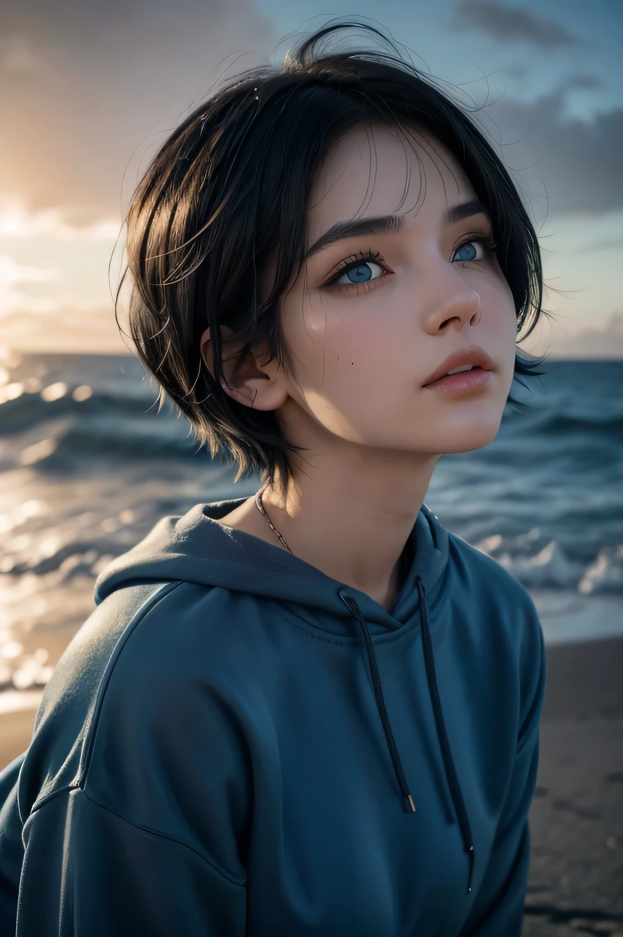 woman with short black hair, and blue eyes, with face in profile looking up in an ocean blue sweatshirt, in a scenario of arcuiris fireworks