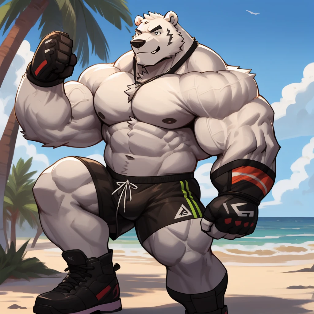 Huge muscular thick white fur Polar Bear bodybuilder shirtless in blue MMA shorts, MMA gloves and MMA foot wear training for the MMA tournament.